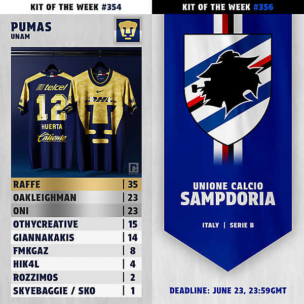 KOTW354 - RESULTS - PUMAS UNAM | KOTW356 - ENTRY - UC SAMPDORIA