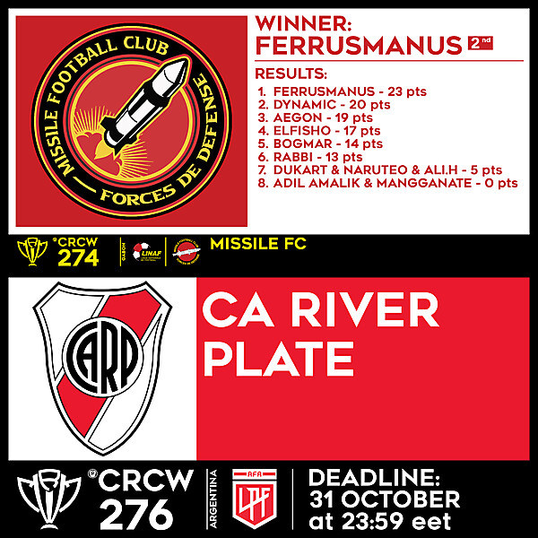 CRCW 274 - RESULTS - MISSILE FC  |  CRCW 276 - CA RIVER PLATE