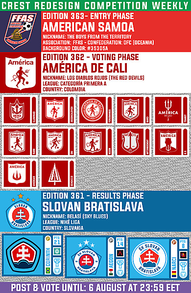 CRCW 363 - ENTRY PHASE - AMERICAN SAMOA  /  CRCW 362 - VOTING PHASE - AMÉRICA DE CALI  /  CRCW 361 - RESULTS PHASE - SLOVAN BRATISLAVA
