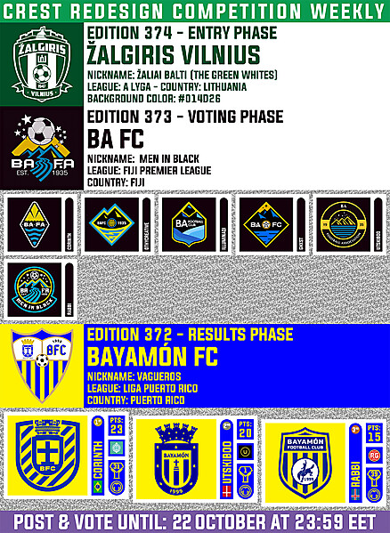 CRCW 374 - ENTRY PHASE - ŽALGIRIS VILNIUS  /  CRCW 373 - VOTING PHASE - BA FC  /  CRCW 372 - RESULTS PHASE - BAYÁMON FC