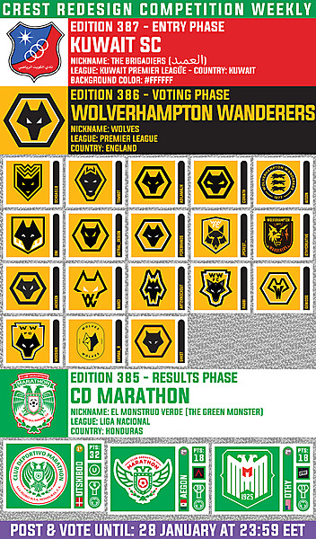 CRCW 387 - ENTRY PHASE - KUWAIT SC / CRCW 386 - VOTING PHASE - WOLVERHAMPTON WANDERERS / CRCW 385 - RESULTS PHASE - CD MARATHON
