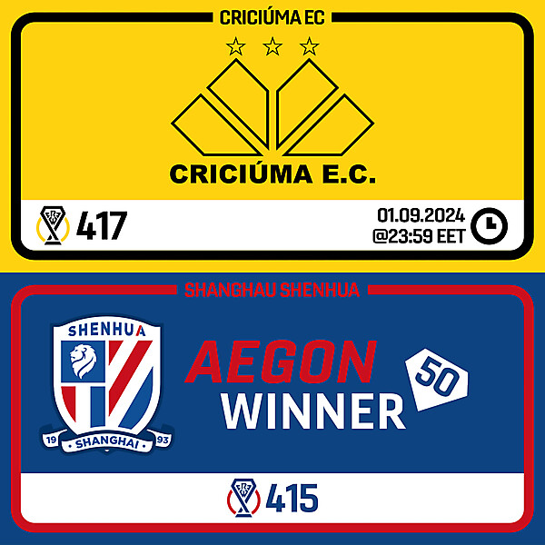 CRCW 417 - ENTRY PHASE - CRICIÚMA EC / CRCW 415 - RESULTS PHASE - SHANGHAI SHENHUA FC
