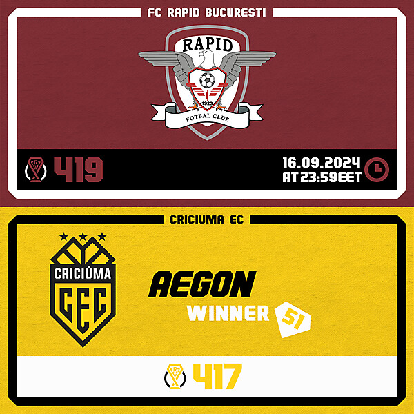 CRCW 419 - ENTRY PHASE - FC RAPID BUCUREȘTI / CRCW 417 - RESULTS PHASE - CRICIUMA EC