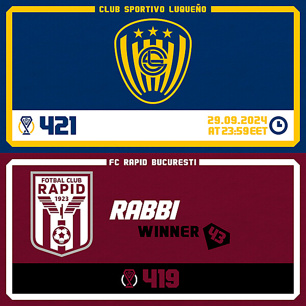 CRCW 421 - ENTRY PHASE - CLUB SPORTIVO LUQUENO / CRCW 419 - RESULTS PHASE - FC RAPID BUCURESTI