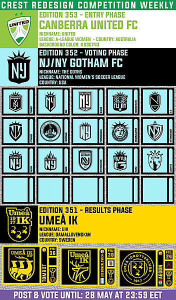 CRCW 353 - ENTRY PHASE - CANBERRA UNITED  /  CRCW 352 - VOTING PHASE - NJ/NY GOTHAM FC  /  CRCW 351 - RESULTS PHASE - UMEÅ IK