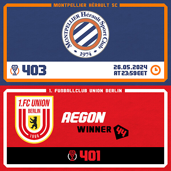 CRCW 403 - ENTRY PHASE - MONTPELLIER HSC / CRCW 401 RESULTS PHASE - 1.FC UNION BERLIN