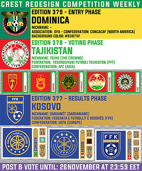 CRCW 379 - ENTRY PHASE - DOMINICA  /  CRCW 378 - VOTING PHASE - TAJIKISTAN  /  CRCW 377 - RESULTS PHASE - KOSOVO