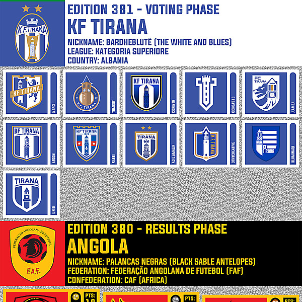 CRCW 382 - ENTRY PHASE - NK OLIMPIJA LJUBLJANA  /  CRCW 381 - VOTING PHASE - KF TIRANA  /  CRCW 380 - RESULTS PHASE - ANGOLA 